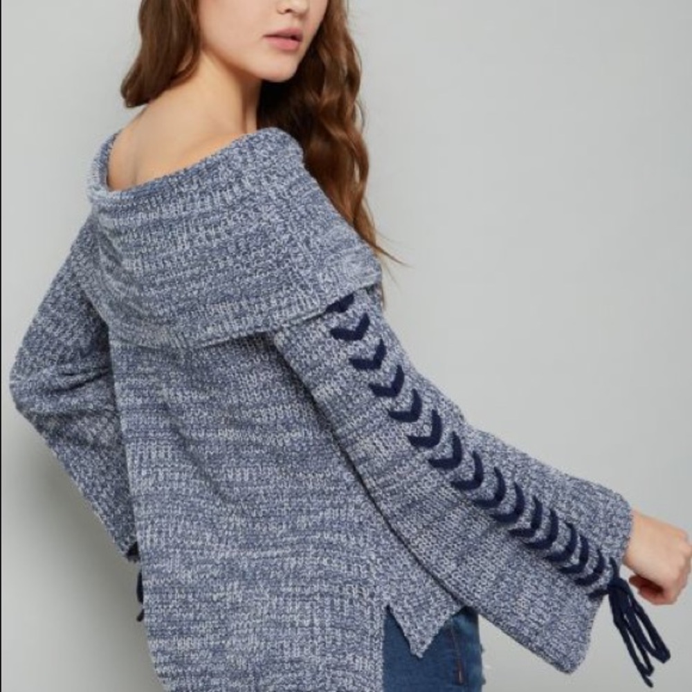 Blue Lace Up Off the Shoulder Sweater — rue21